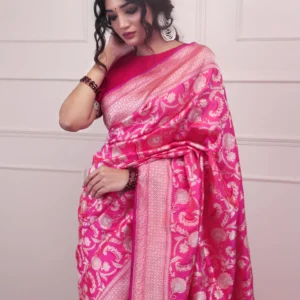 French Fuchsia Banarasi Silk Saree With Floral Jangla Weaving