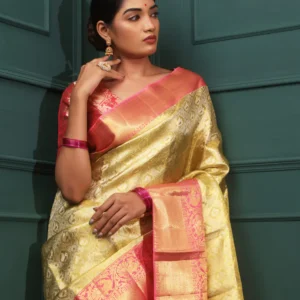 Old Gold Kanjivaram Silk Saree With Floral And Mayil Design