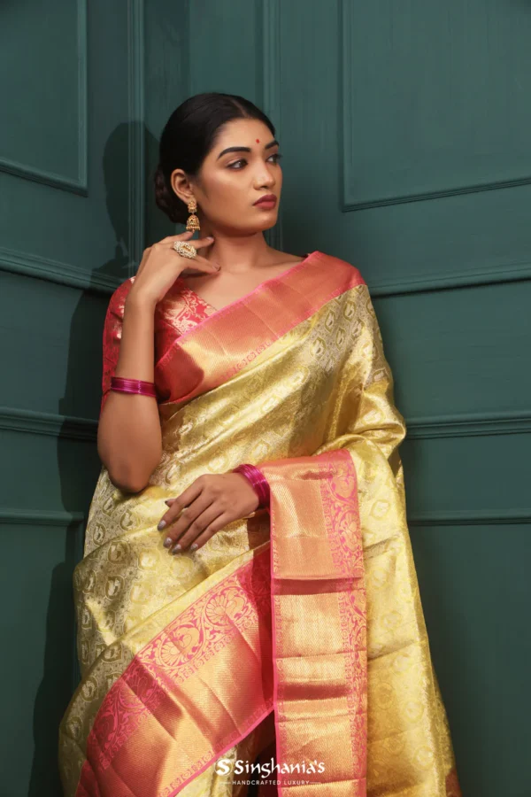 Old Gold Kanjivaram Silk Saree With Floral And Mayil Design